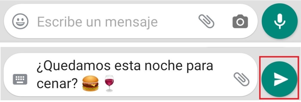 Cuando la barra de escritura está vacía, se muestra el icono "Grabar", y cuando escribimos un texto el icono "Enviar mensaje"